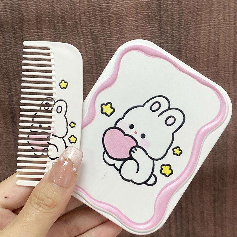 Cute Rabbit Folding Mirror – Portable Handheld Makeup Mirror with Comb for Women and Girls