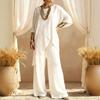 Women's Round Neck Irregular Hem 3/4 Sleeve Linen Look Top and Wide Leg Pants 2 Piece Casual Outfit