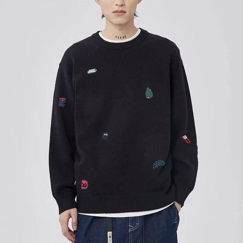 

Мужской свитер с круглым вырезом, весенне-осенний молодежный свободный топ с вышивкой, однотонная универсальная мужская рубашка с длинными рукавами L чёрный