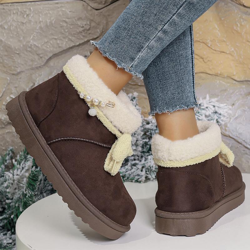 Luxury Lace Up Pearl Decoration Snow Boots Women 2025 Soft Faux Fur Ankle Boots Woman Solid Color Platform Warm Botas Mujer