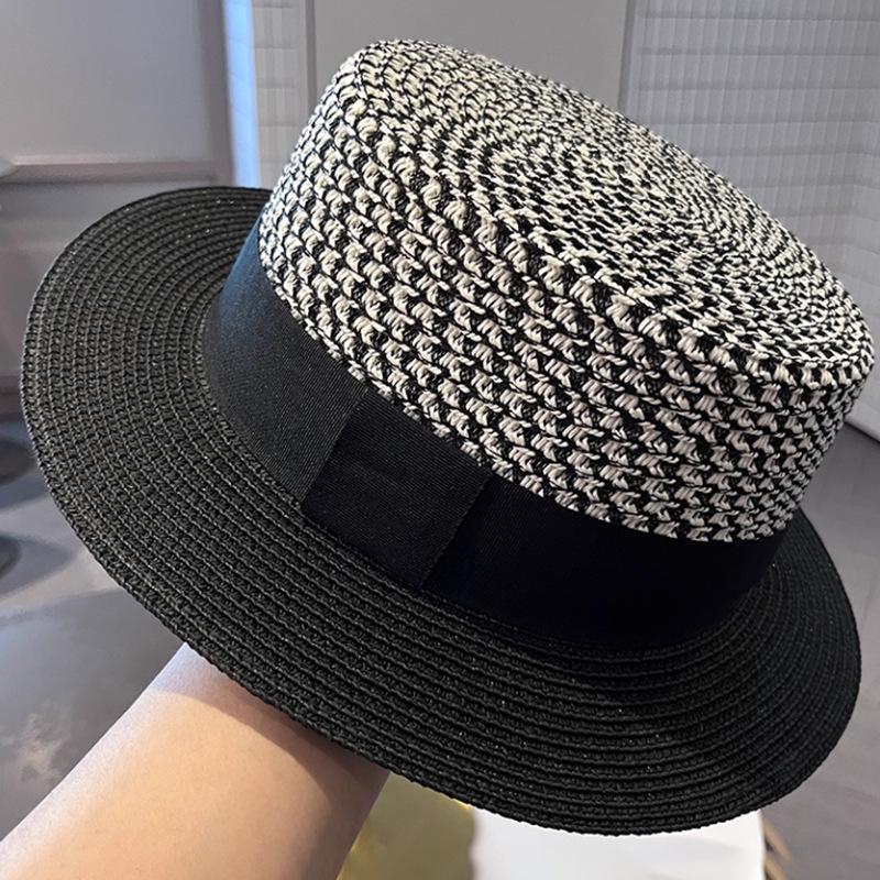 French flat top color matching sunshade straw hat children's new straw top hat summer seaside vacation sunscreen beach sun hat