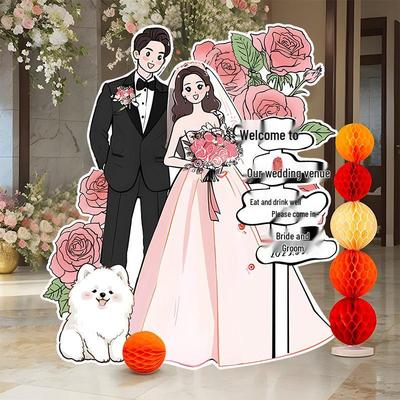 Welcome Sign Wedding Standee: Hand-Painted Cartoon Figure Poster Board for Event Decoration