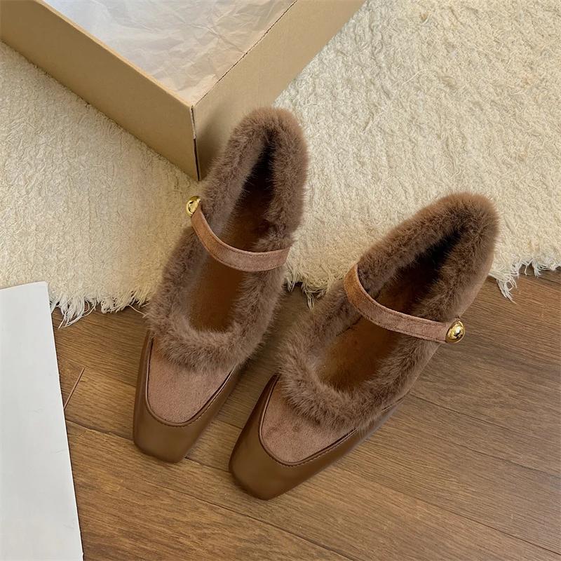 Fashion Square Toe Shallow Fur Loafers Women Boots Winter New Suede Retro Elegant Shoes Women 2025 Trend Party Cozy Fashion Boots Mujer