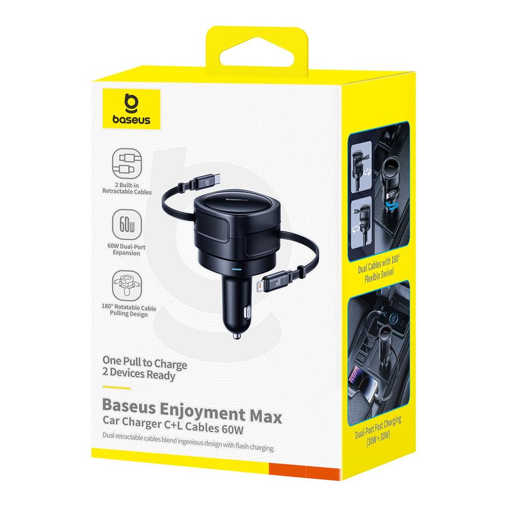 Ładowarka Samochodowa Ze Zwijanymi Kablami Usb-C Iphone Lightning 60W - Czarna