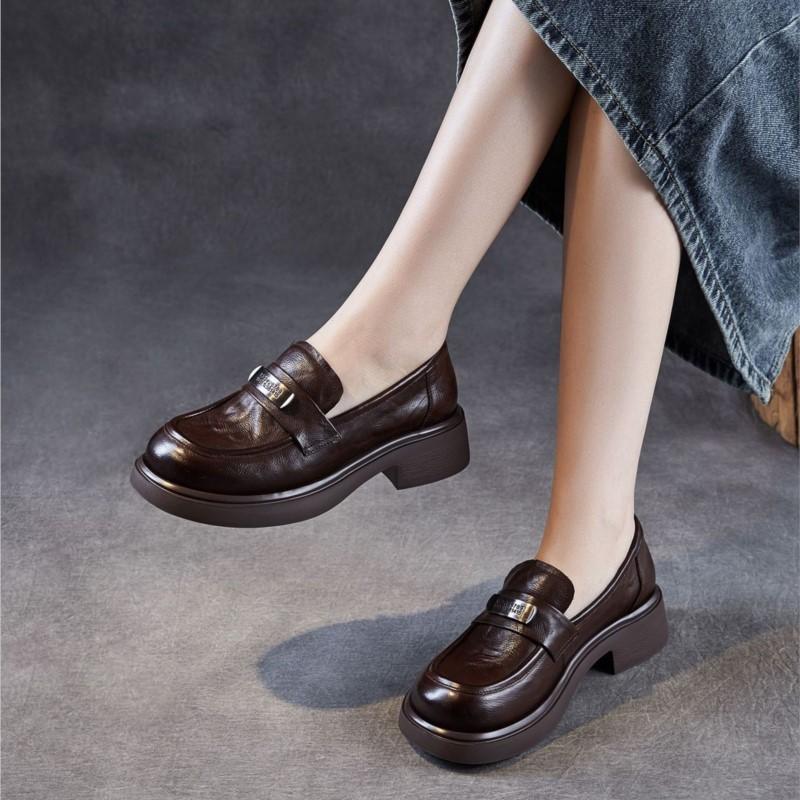 Johnature Genuine Leather Women's Shoes Soft Soled Loafers British Style Thick Soled Slip-on Shoes