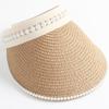 Summer Empty Top Suncap Wide Brim Pearls Women Sun Hat Leisure Straw Cap UV Protection Sun Visor Hat Beach Cap Khaki Black White