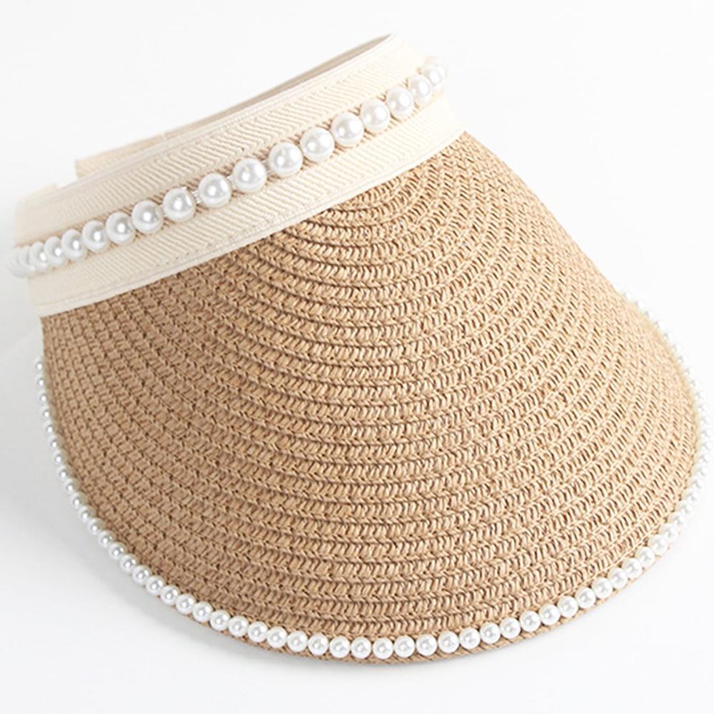 Summer Empty Top Suncap Wide Brim Pearls Women Sun Hat Leisure Straw Cap UV Protection Sun Visor Hat Beach Cap Khaki Black White
