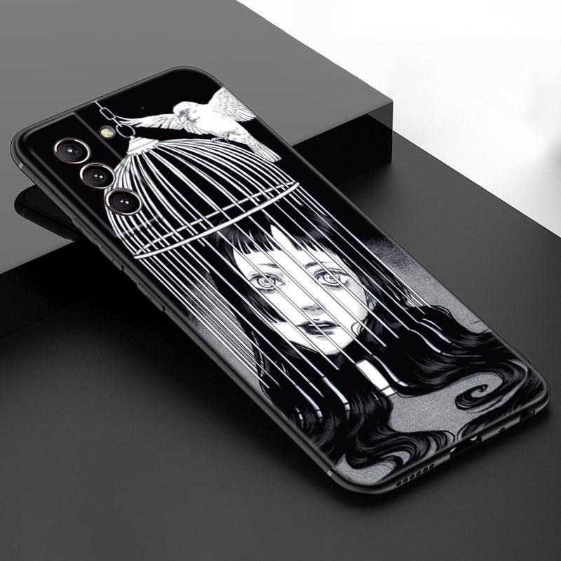 Japanese Horror Manga Black Silicone Phone Case For Samsung Galaxy S23 S21 S20 FE S24 S22 Ultra S10E S10 S9 S8 Plus