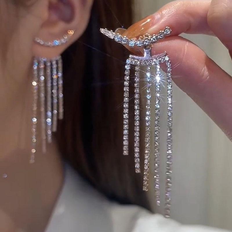 Stylish Rhinestone Long Tassel Earrings for Women with Two Wearing Options