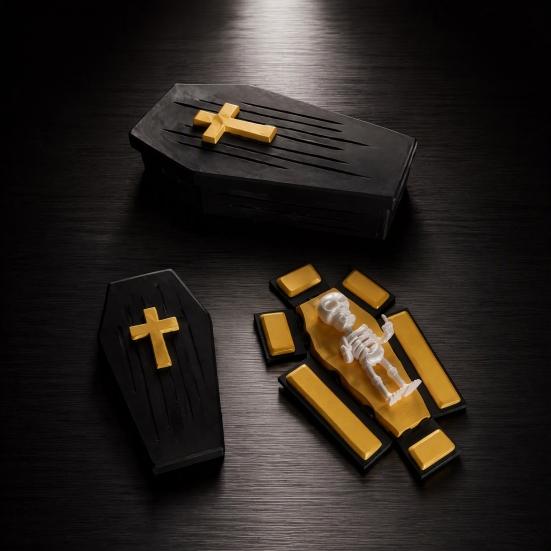 Folding Coffins Figurine 3D Printed with Skeleton Ornament, Miniature Articulated Statue, Gothic Window Decor Dark Desktop Decoration for Halloween