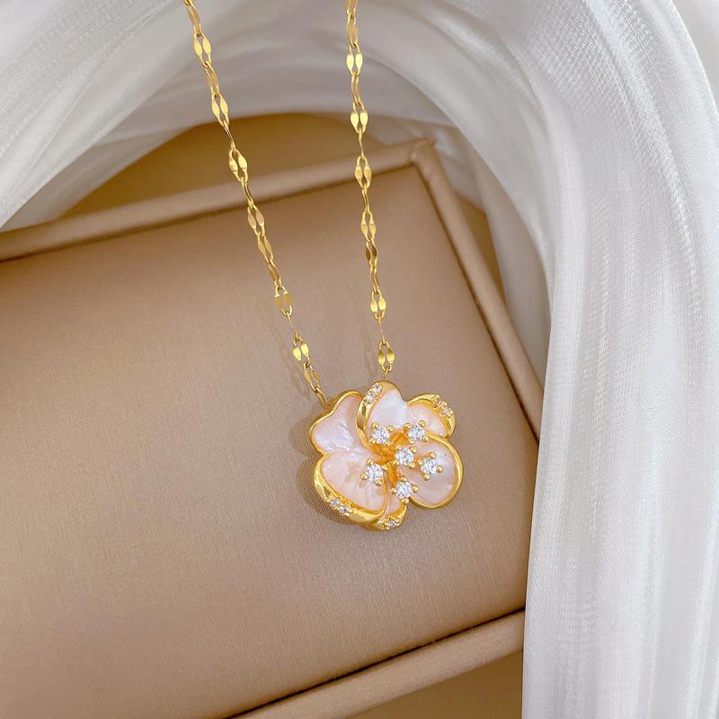 Elegant Zircon White Flower Stud Earrings Necklace for Women Fashion Sweet Stainless Steel Chain Jewelry Sets Gifts for Lover