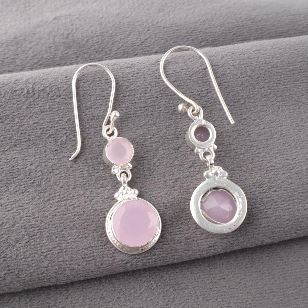 Rose Chalcedony Gemstone 925 Sterling Silver Handcrafted Jewelry Earrings 1.75" EE-160-16