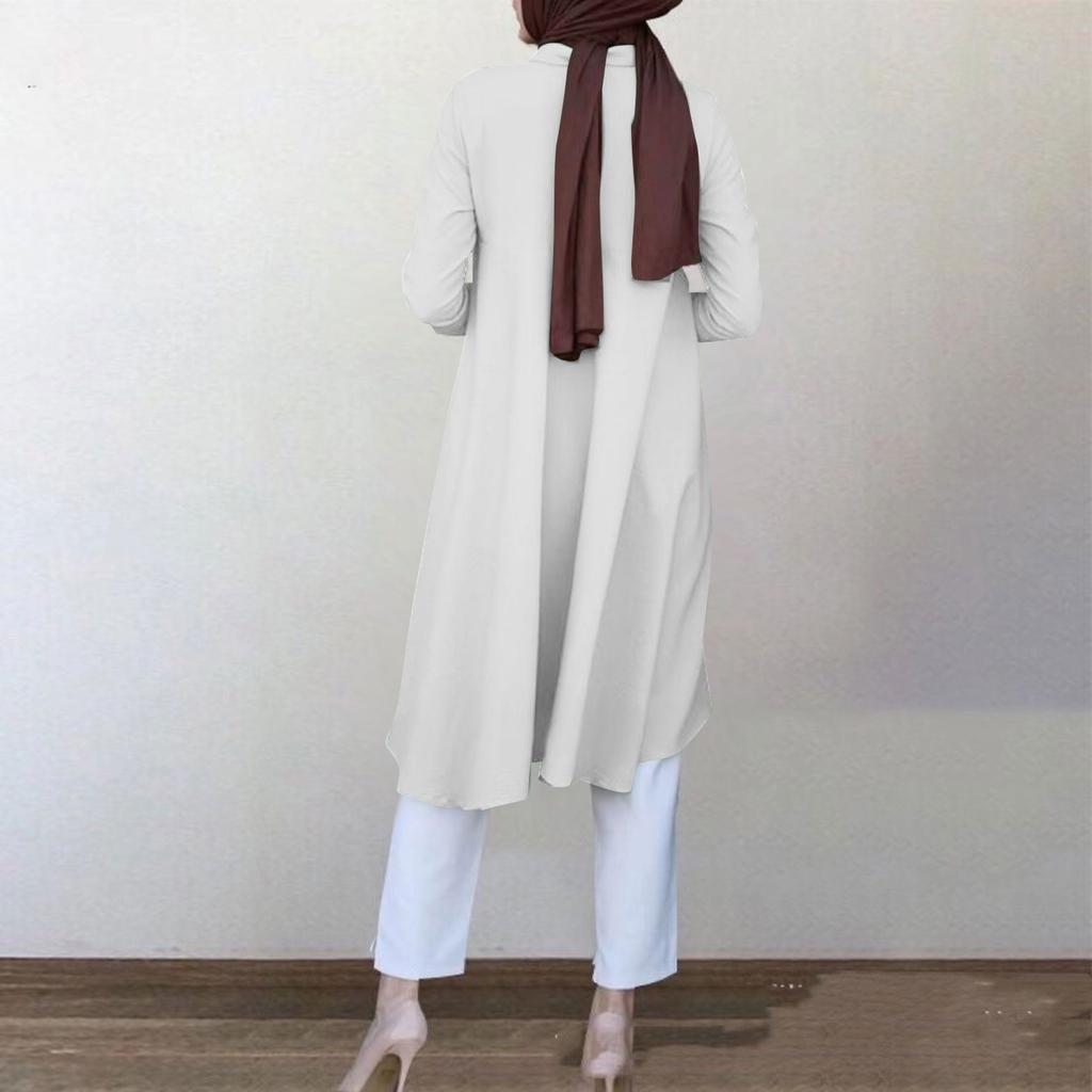 Muslim Women's Lapel Wrap Button Placket Swallowtail Curved Hem Multicolor Long Sleeve Women's Shirt Dresses
