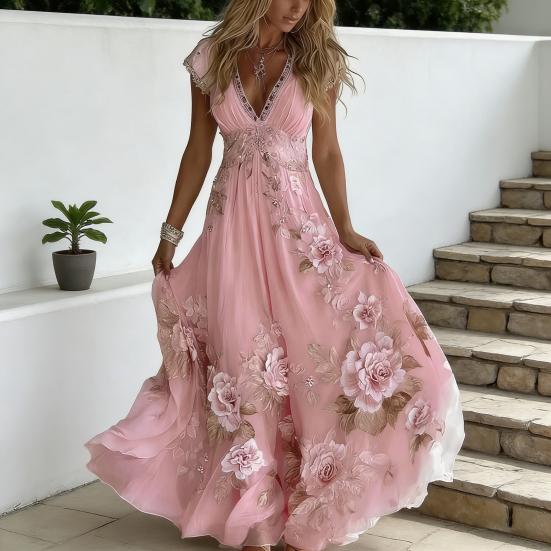Summer Floral Maxi Dress for Women Short Sleeve V Neck A-line Swing Dress Floral Printed Beach Vacation Sundress