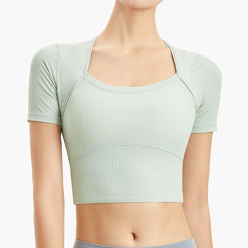 

нет. 35 Новая Фитнес Йога Одежда Женский Топ с Коротким Рукавом Пупок Сексуальная Футболка Спорт Бег Дышащая Верхняя Одежда Приталенная White cyan L