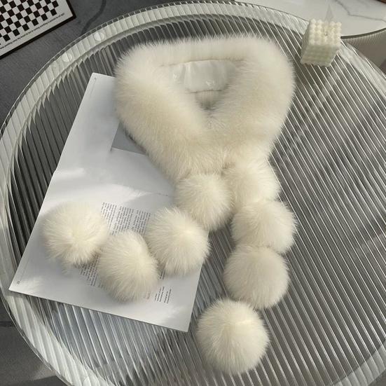 Women Scarf Solid Color Soft Imitation Fox Fur Shawl with Plush Balls