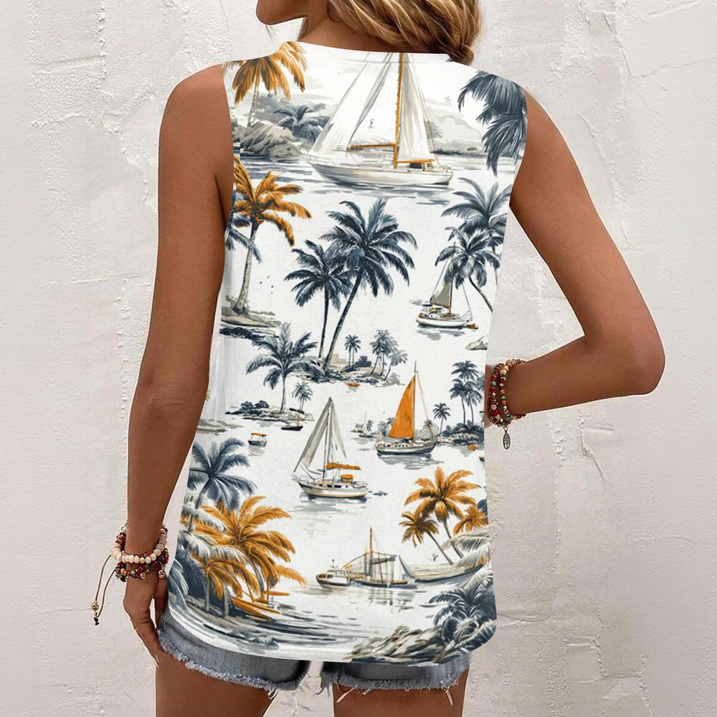 Dámské letní ležérní plisované tílko bez rukávů se čtvercovým výstřihem s potiskem