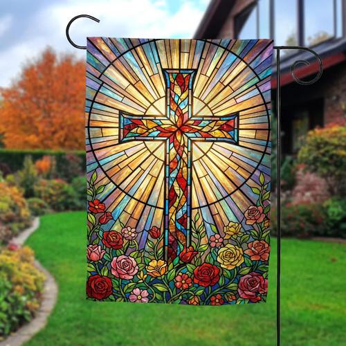 Stained Glass Cross Wildowers ag Garden House Decor Art Design UUI GGX