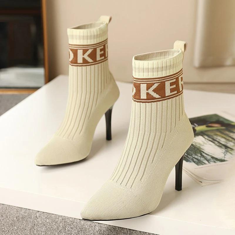 Black 9.5cm Winter Sock Boots 2025 New High-heeled Women's Boots Autumn Short Boots Knitted Pointed Fine Heeled Women's Boots