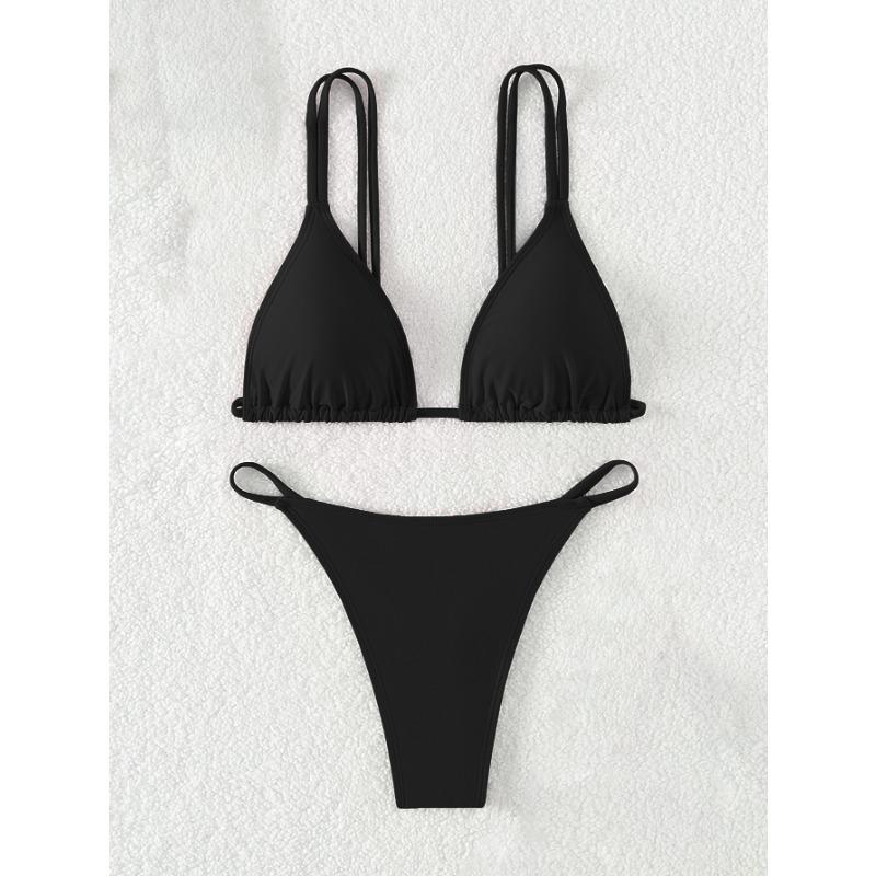 New Bikini Solid Color Triangle Cup Backless Sexy Bikini Swimsuit for Women