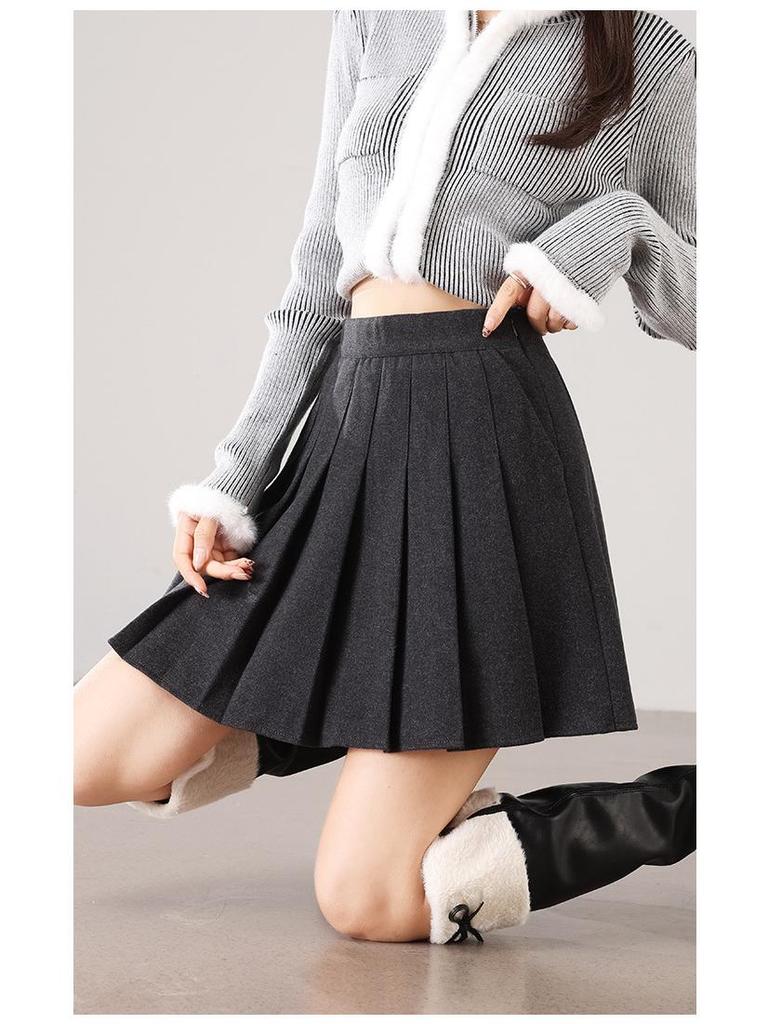 2025 Fall/Winter Fresh College Style High Waist Woolen Pleated Skirt