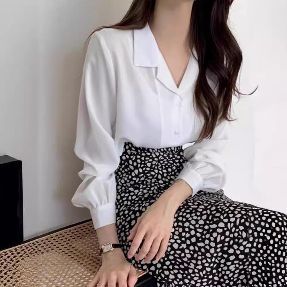 Spring Simple Women's Chiffon Shirt Solid Color Temperament Label Collar Long Sleeved Top