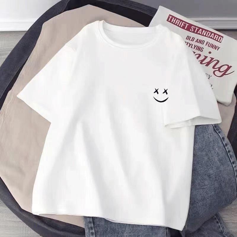 Smiling Face Print White T-shirt Summer 2025 New 100% Cotton Short Sleeve Tee Loose Casual Y2k Top Clothing