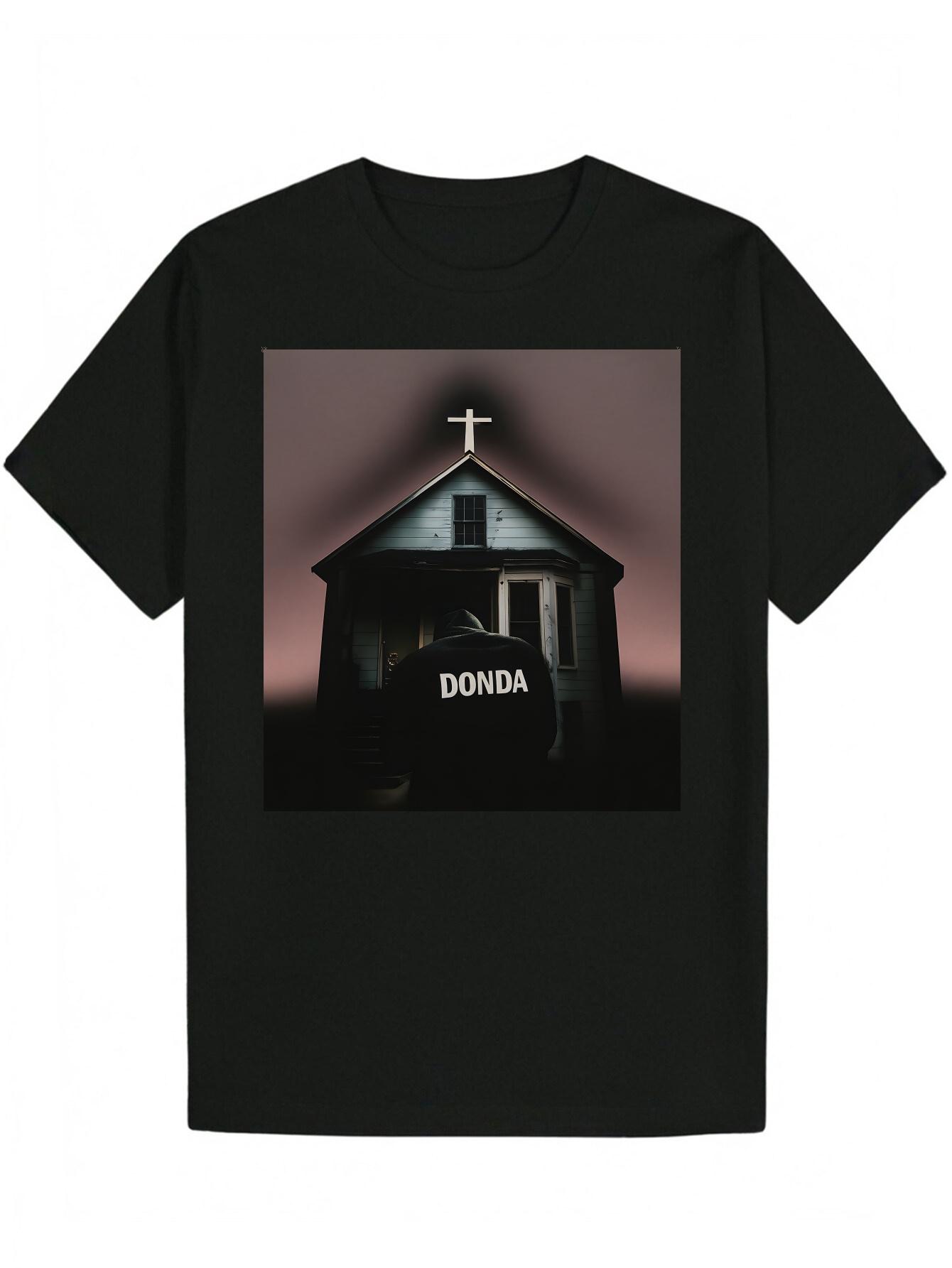 Crew Neck Polyester T-shirt with  DONDA  Graphic Print - Black XXXL
