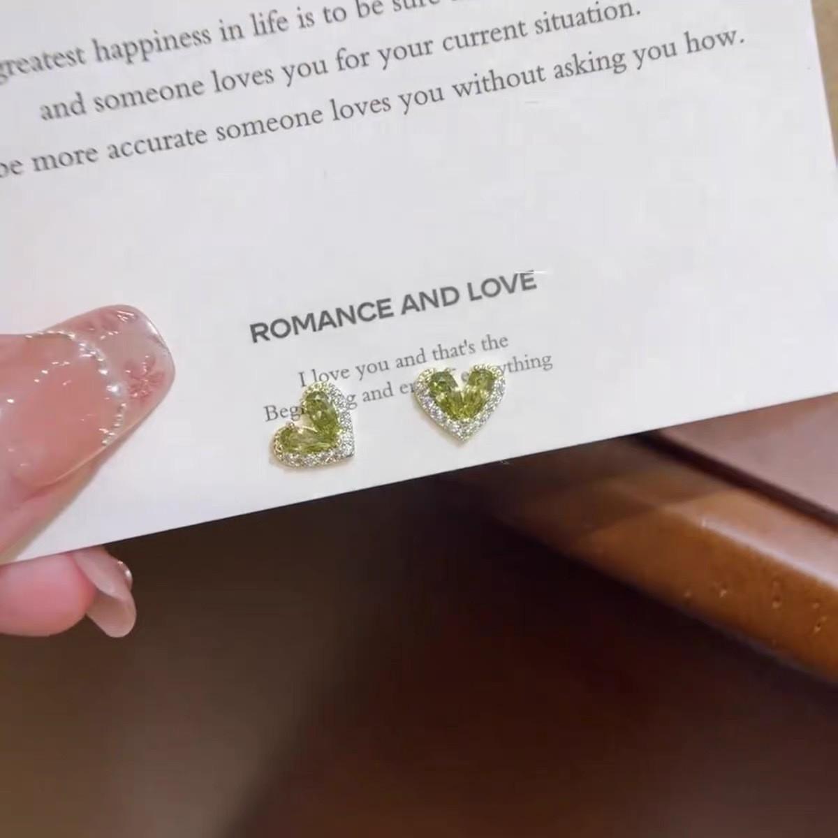 Exquisite Olive Green Zirconia Heart Stud Earrings - Elegant and Versatile Design