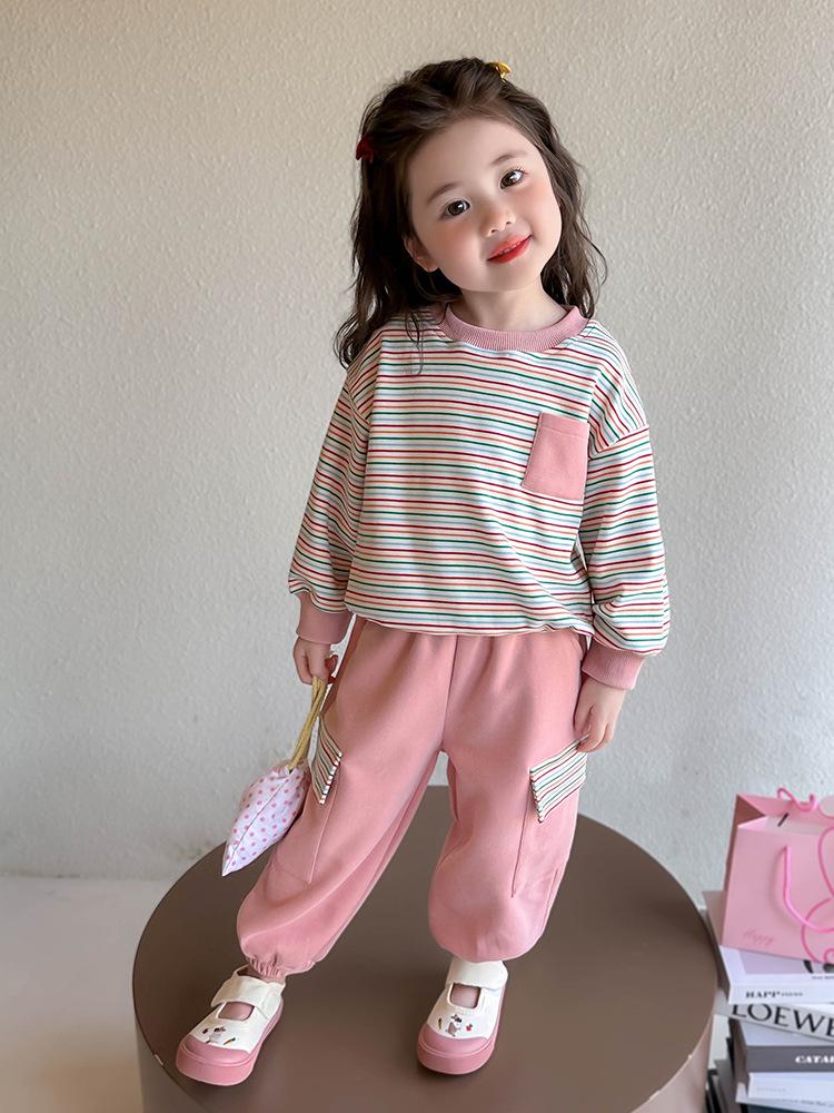 2025 Girls' Stylish Striped Long-Sleeve Sweatshirt & Pant Set - Spring/Autumn Fashion