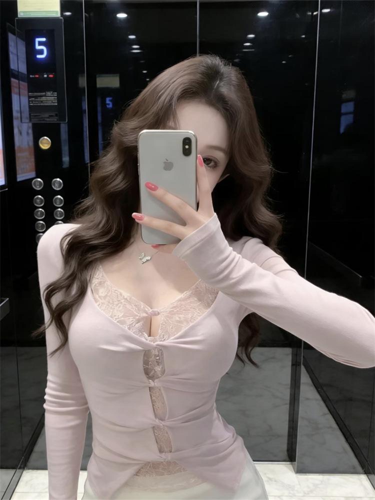 Women's Lace Patchwork Twisted Hollow Long Sleeve Slim Fit Top