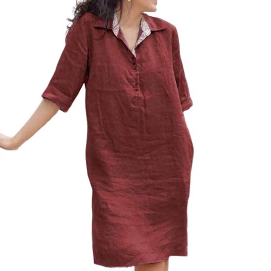 

Женское платье с лацканами, V-образным вырезом, пуговицами, линией выреза горловины, рукавами половинной длины, свободного кроя, нарядное, длиной до колена, летнее, однотонное, повседневное платье, одежда на каждый день 5XL вино красного