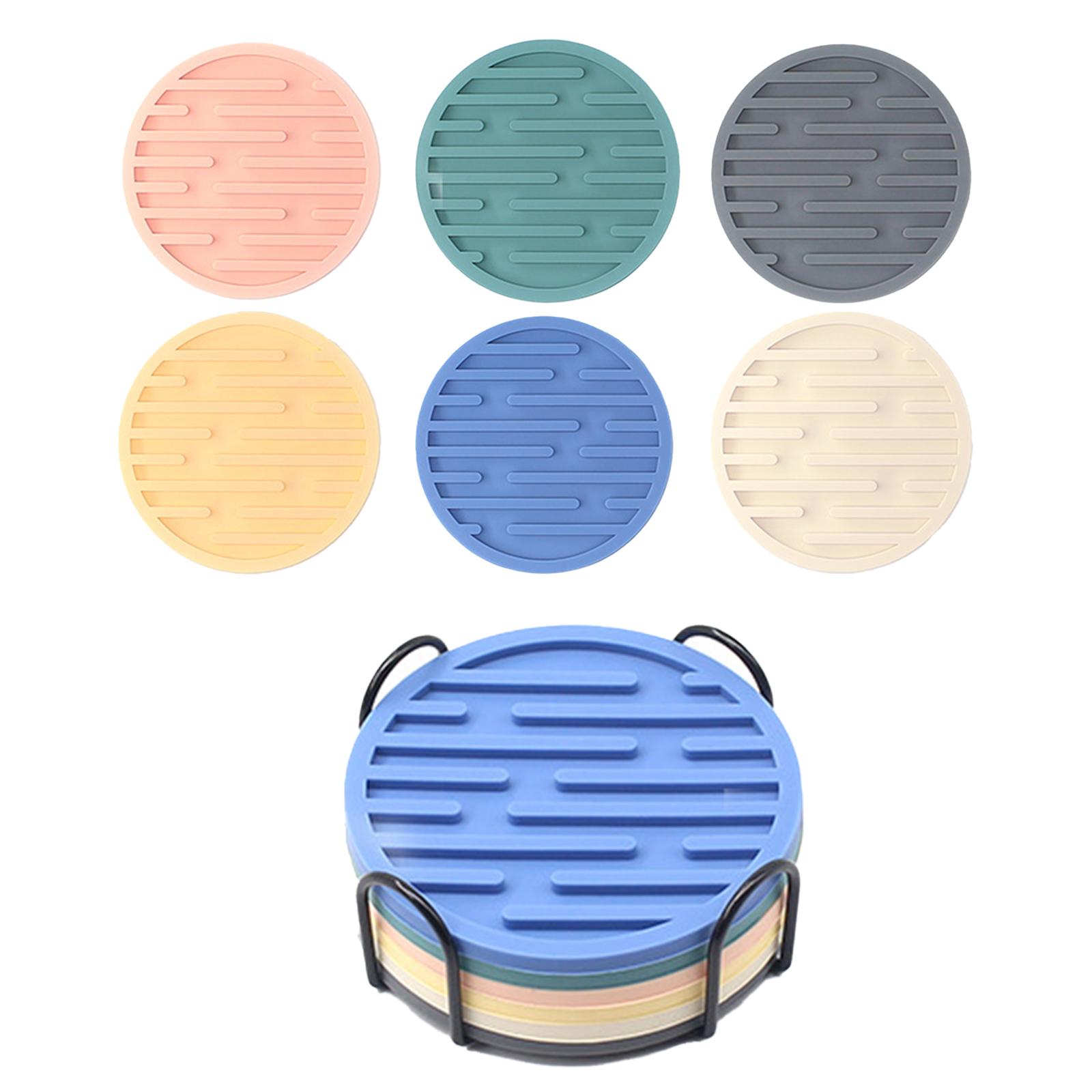 

6pcs 10cm Round Silicone Coaster Set With Holder Non slip Heat Resistant Anti scald Mat For Coffee Table 6pcs Coaster+1pc Holde