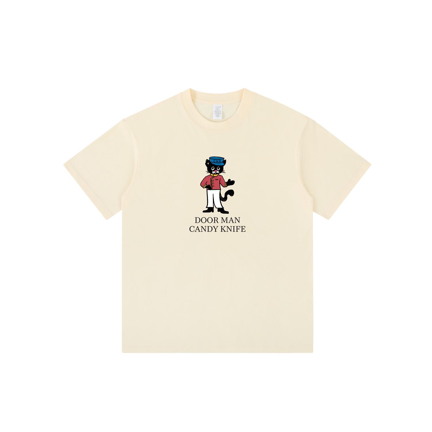 

Unisex Black Cat Doorman Welcome Tee - Funny Print, Short Sleeve, Versatile Summer Top S бежевий