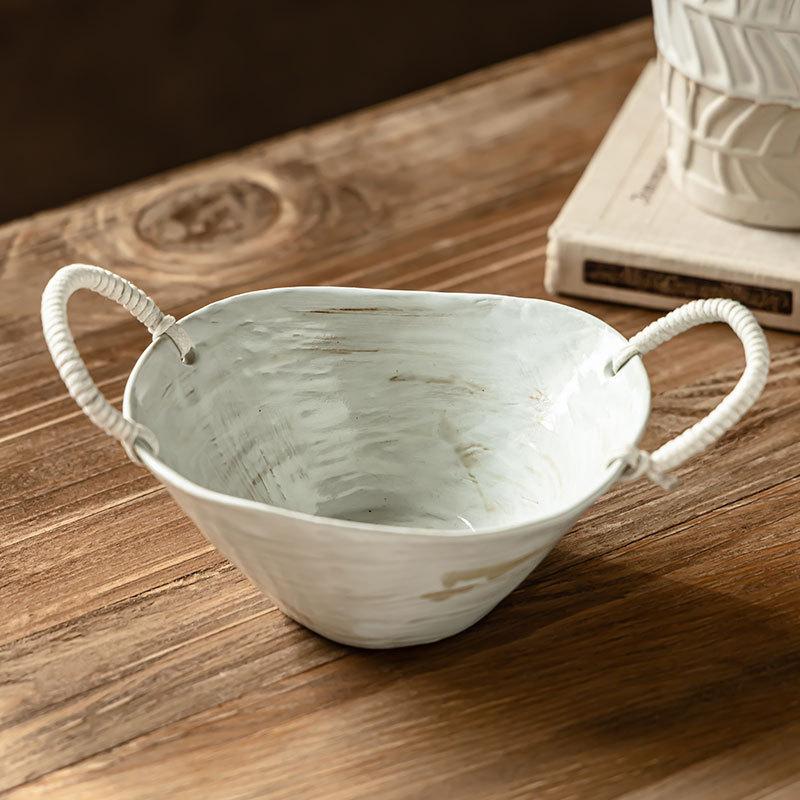 Old-Fashioned Ceramic Binaural Bowl, Retro Braided Rope, Hand-Held Bowl, Tableware Bowl, Restaurant, Japanese Salad Bowl, Household Bowl.