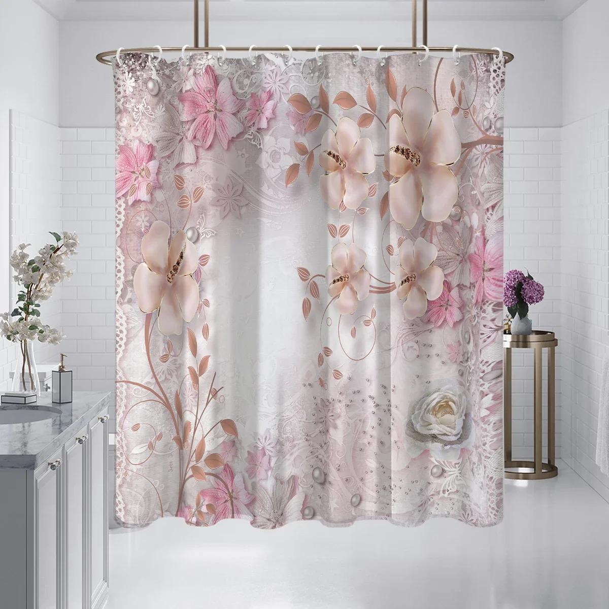 

1Pc Pink Lace Flowers Printed Shower Curtain, Waterproof, Washable, With 12 Hooks, Bathroom Shower, Home Use W60H190(CM)-1 Pcs