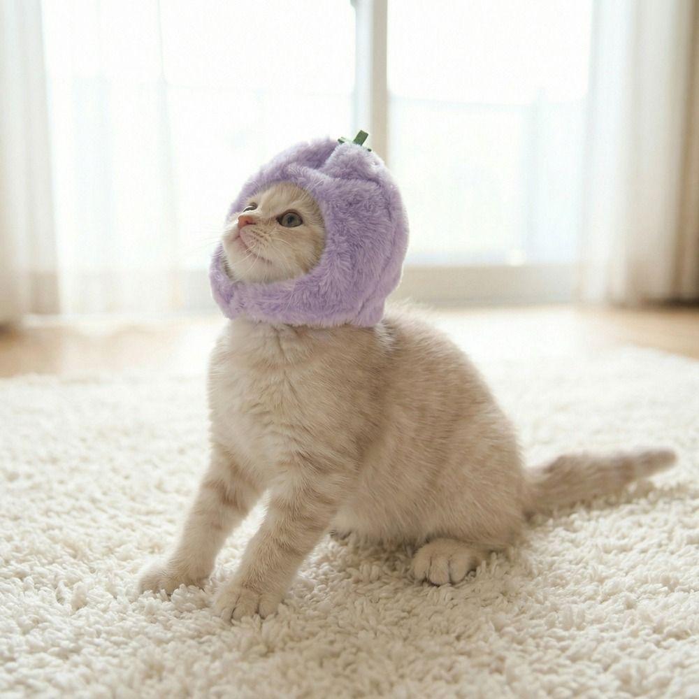Funny Cute Pet Head Hat Plush Elastic Warm Cat Head Cover Soft Noise Protection Pet Headgear Holiday Photo Prop