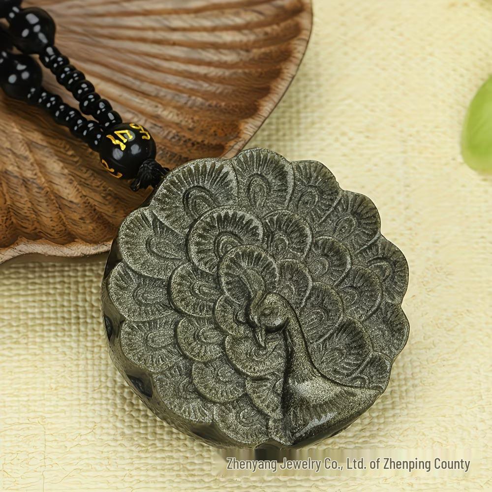 Унисекс кулон-ожерелье из золотого обсидиана «Павлин» – Элегантный нефритовый орнамент Подарок