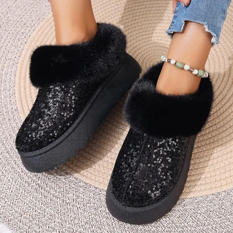 Large Size Snow Boots Women's Winter New Fashion Sequined Thick Soled Cotton Shoes with Plush Insulation and Anti Slip Snow Boot