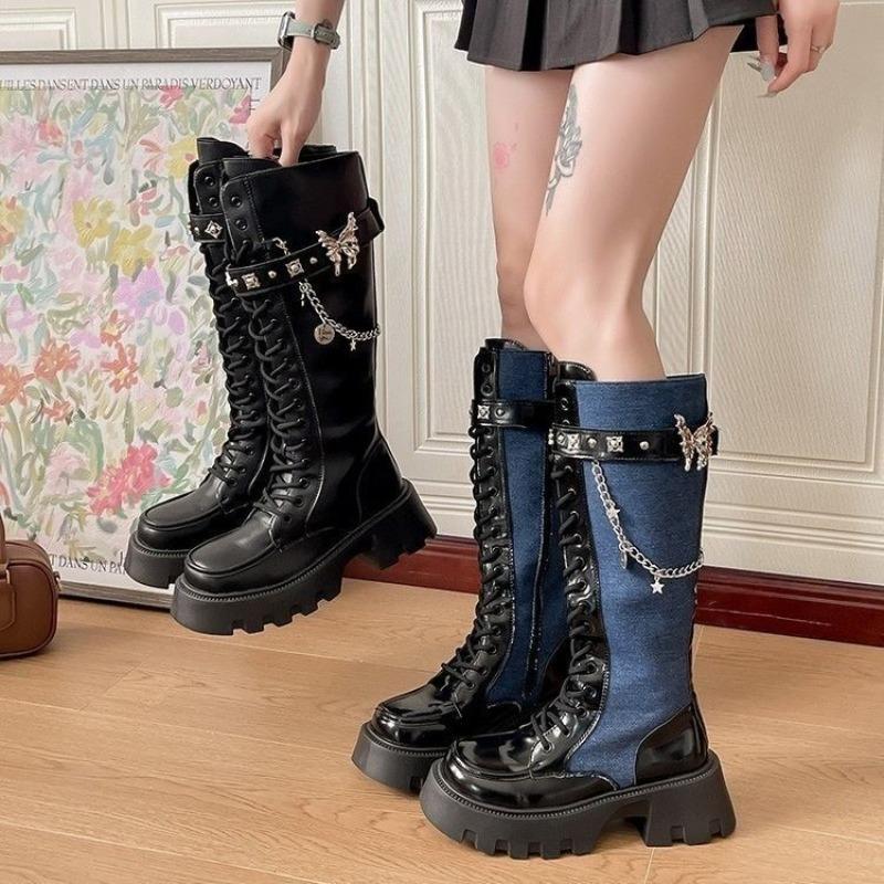 Thick-soled boots Liquid butterfly sweet cool wind fried street knight boots increase height and thin punk niche design willow nail denim