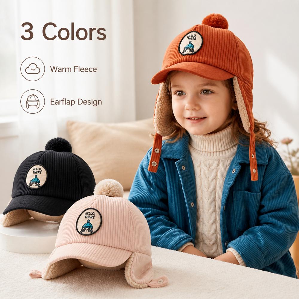 Solid Color Baby Ear Protection Cap Faux Lamb Fleece Lining Toddler Kids Cap For Boys And Girls