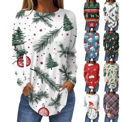 T-Shirts für Damen, Herbst, lässig, langärmelig, Sweatshirt mit Retro-Druck, Weihnachtsfeier, Top, Pullover