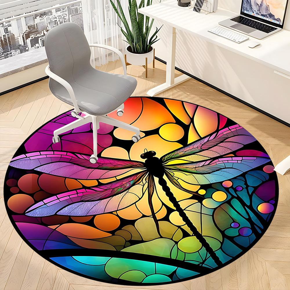 1pc Dragonfly StainedGlass Office Round Area Rug,  Mat Suitable ForOffice, Under Office Chairs Bedroom Living Room Home Decor, Room Deco