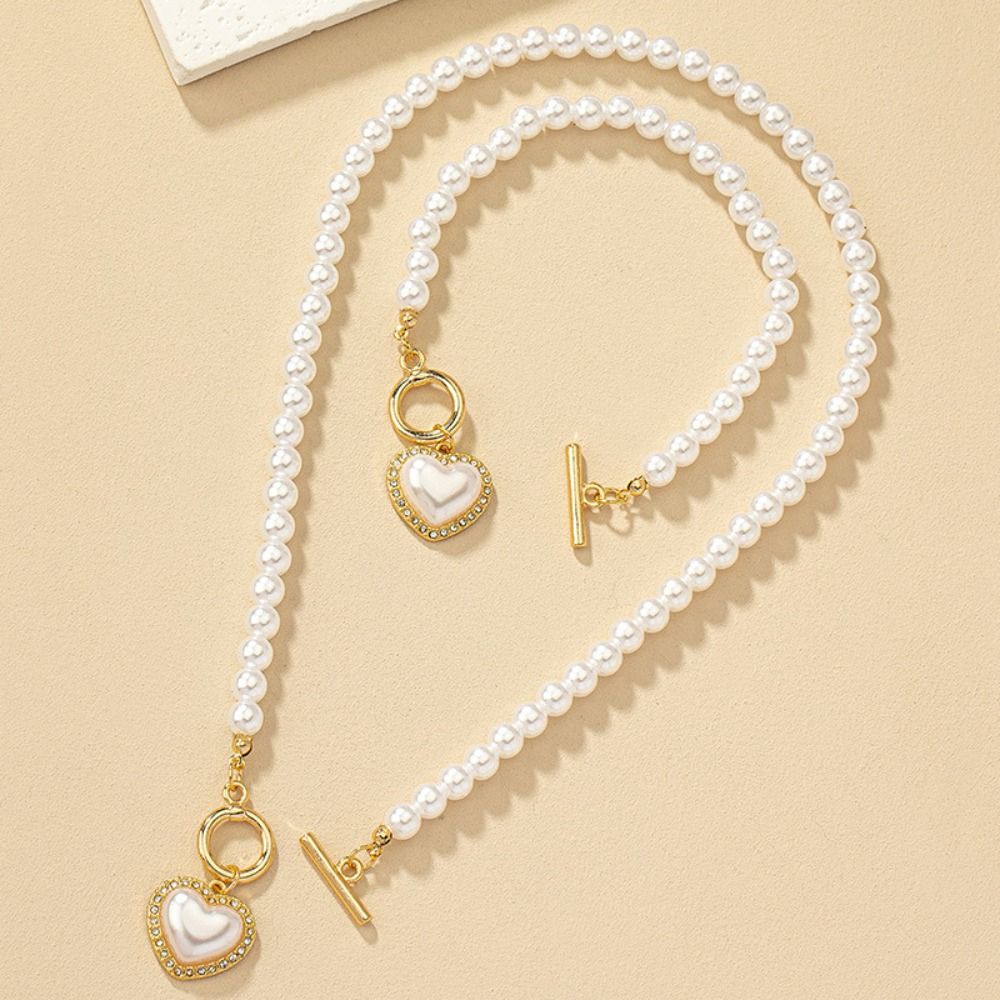 Exquisite Heart Pendant Jewelry Set Crystal Pearl Necklace Set Sweet Necklace Bracelet Set  Women