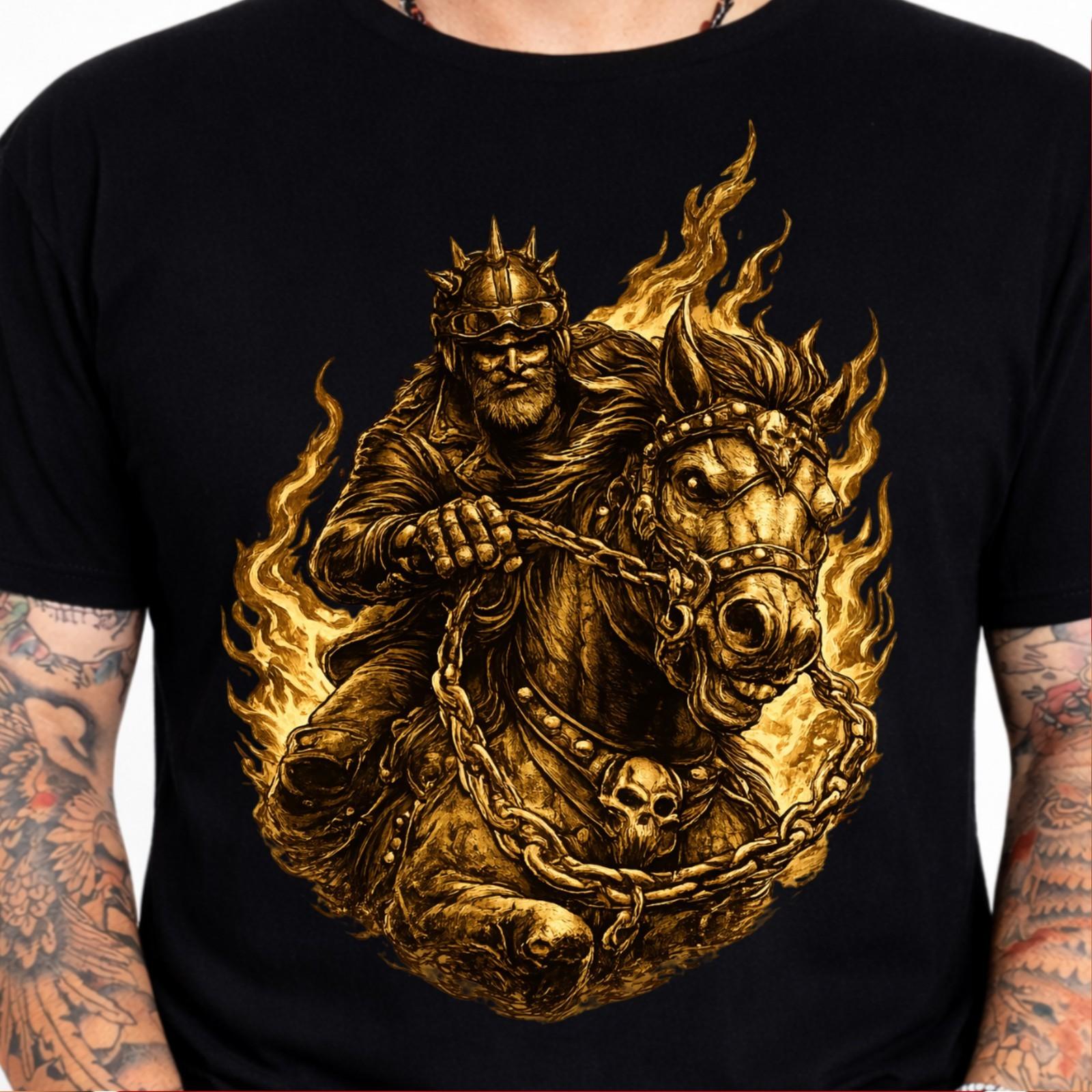 Flaming Viking Warrior Horse Rider Norse Mythology Skull Fantasy Dark T-Shirt. XS
