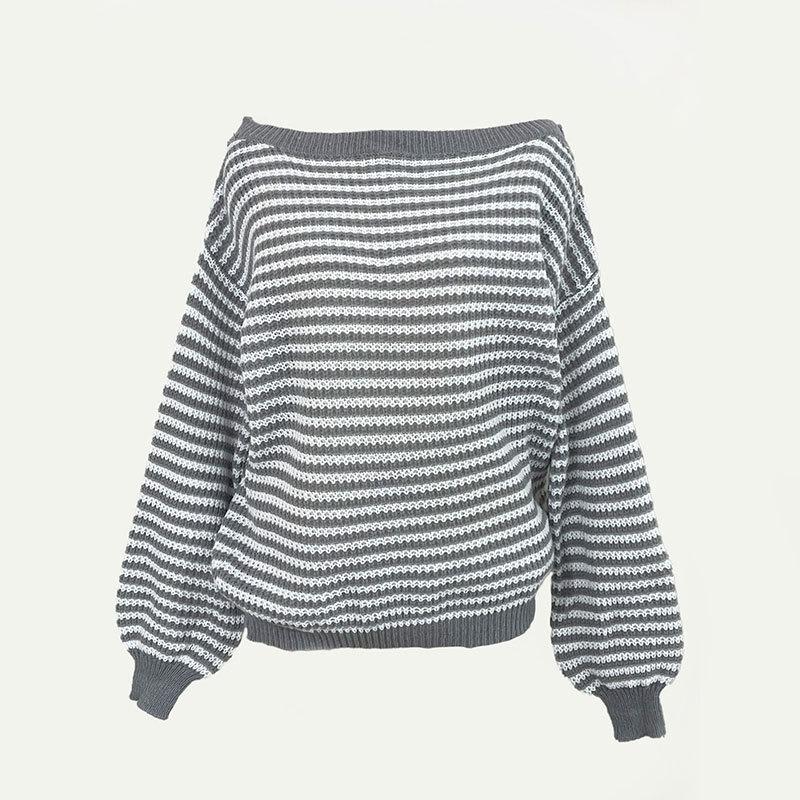 Off The Shoulder Striped Sweater Women Autumn Winter Fashion Loose Soft Neckline Casual Knitted Sweaters