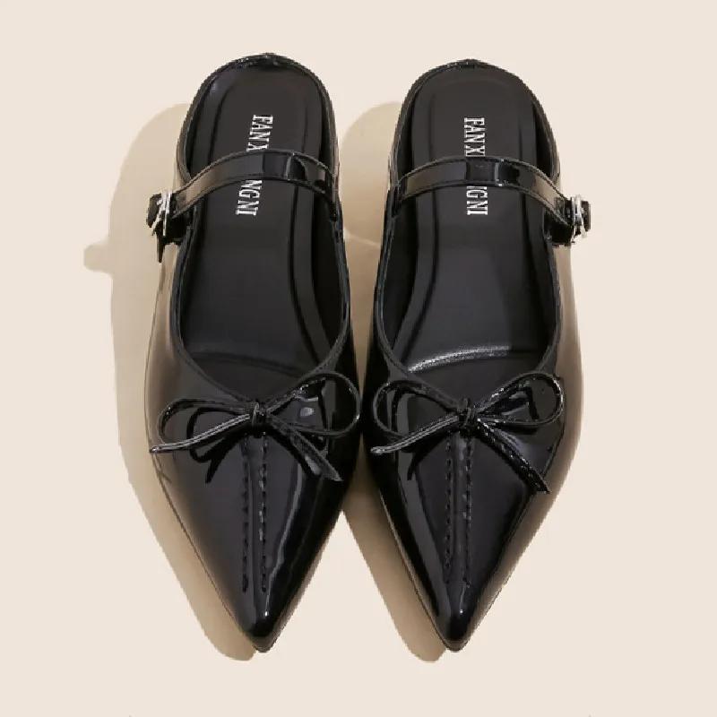 Fashion Fashion Pointed Toe Bow Flat Sandals Women High Quality Patent Leather Low Heel Slippers Summer Elegant Dress Zapatos De Mujer