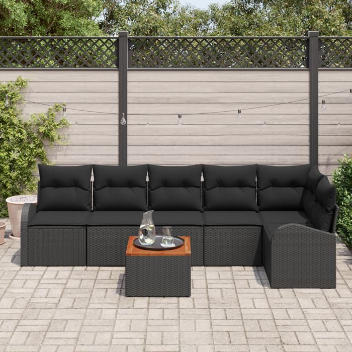VidaXL Ensemble de Canapés de Jardin 7 pièces coussins noirs poly rattan acacia 3347590