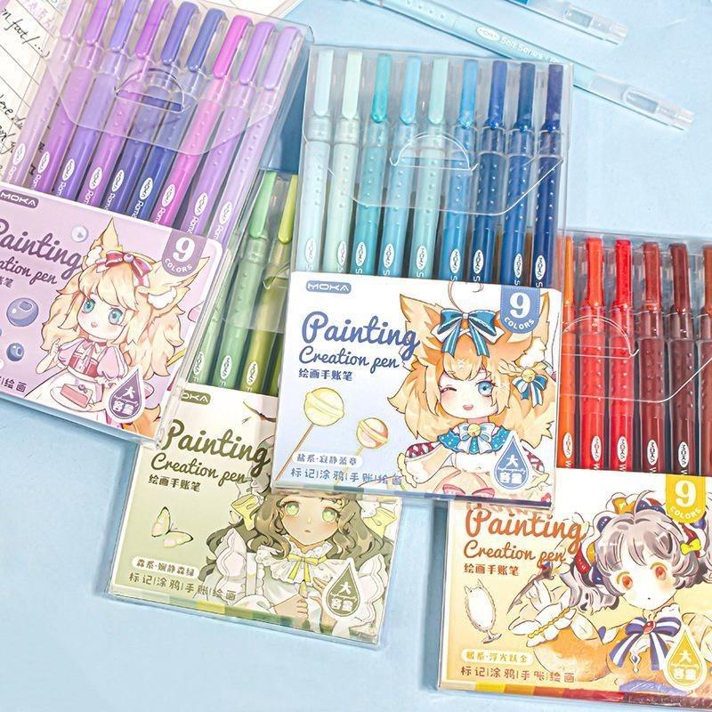 9pcs Romantic Multi Color Pens Set Gel Ink Vintage Marker Liner 0.5mm Ballpoint Stationery Gift