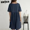 GMXIA Women's Fashion Summer Spring Solid Color Print O-Neck High Waist Casual Dresses